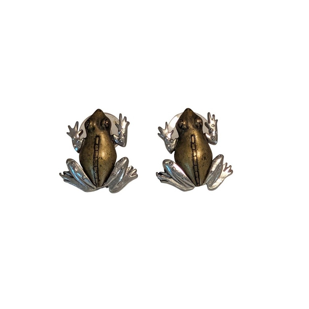 VTG Frog Earrings Whimsical Pewter Brass Cottage JJ Jonette Figural Posts